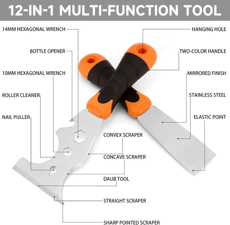 WEGAZ -2 Pack, 12-In-1 Paint Scraper Tool，Multi-Use Painters Tool, 1.5 Inch Stainless Steel Putty Knife Scraper，Paint Scraper for Painting & Wood，Razor Blade Scraper - Image 2